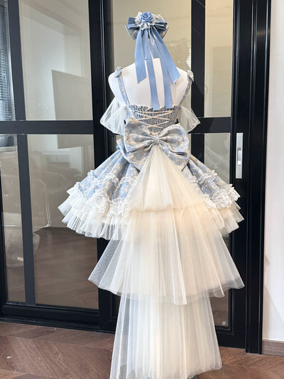 Platycodon House~Sweet Lolita JSK Dress Jacquard Dress for Summer Spring XS Blue trailing 