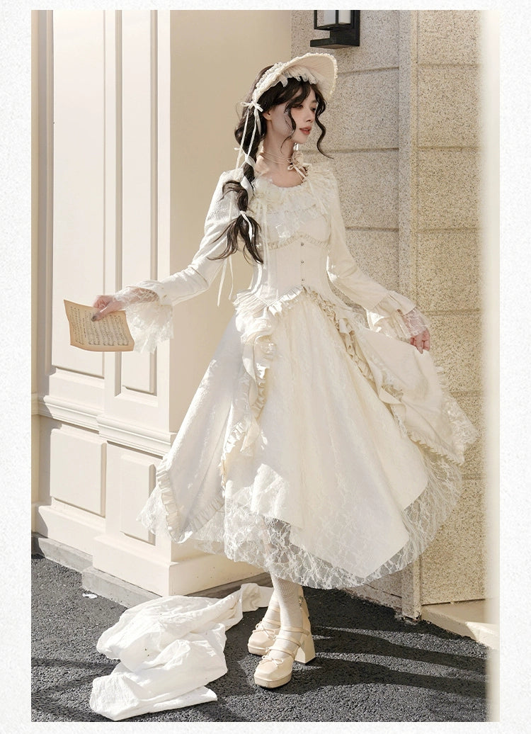 With PUJI~White Tea~Classic Lolita OP Dress with Irregular Design and Fishbone Waistband