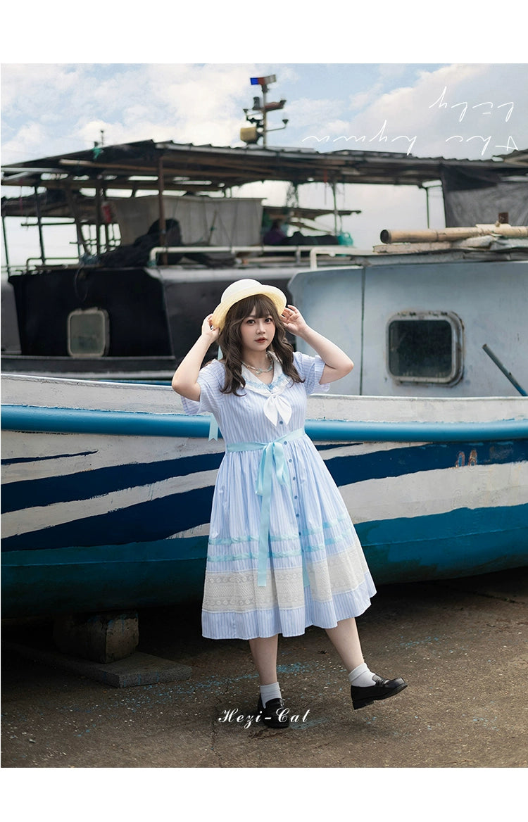 Hezi's Cat Haven - Island Holiday - Plus Size Sailor Lolita Striped OP