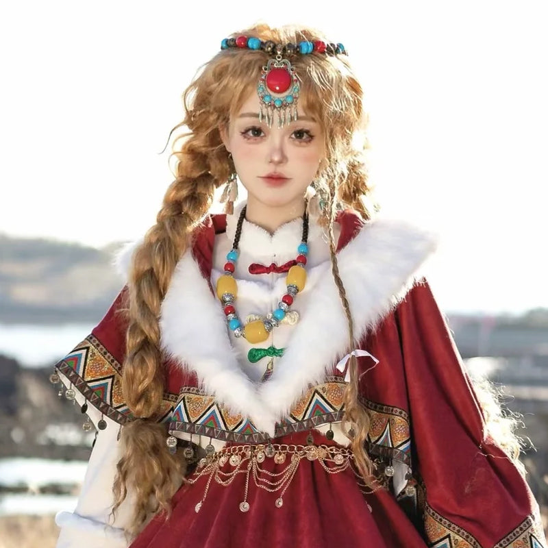 Sakurahime~Wish with God~Winter Lolita JSK Dress Three-piece Set Tibetan Style S Necklace 