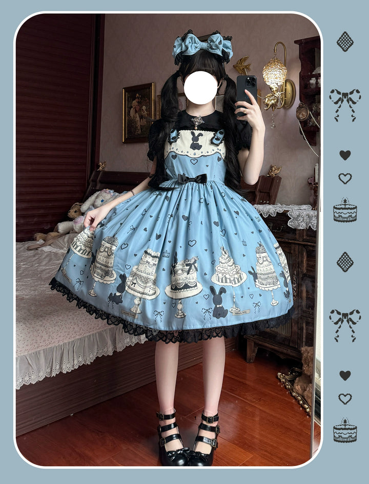 Sweet Dream Sheep - Cake Bunny - Blue Sweet Lolita Dress, Bunny&Cake Print