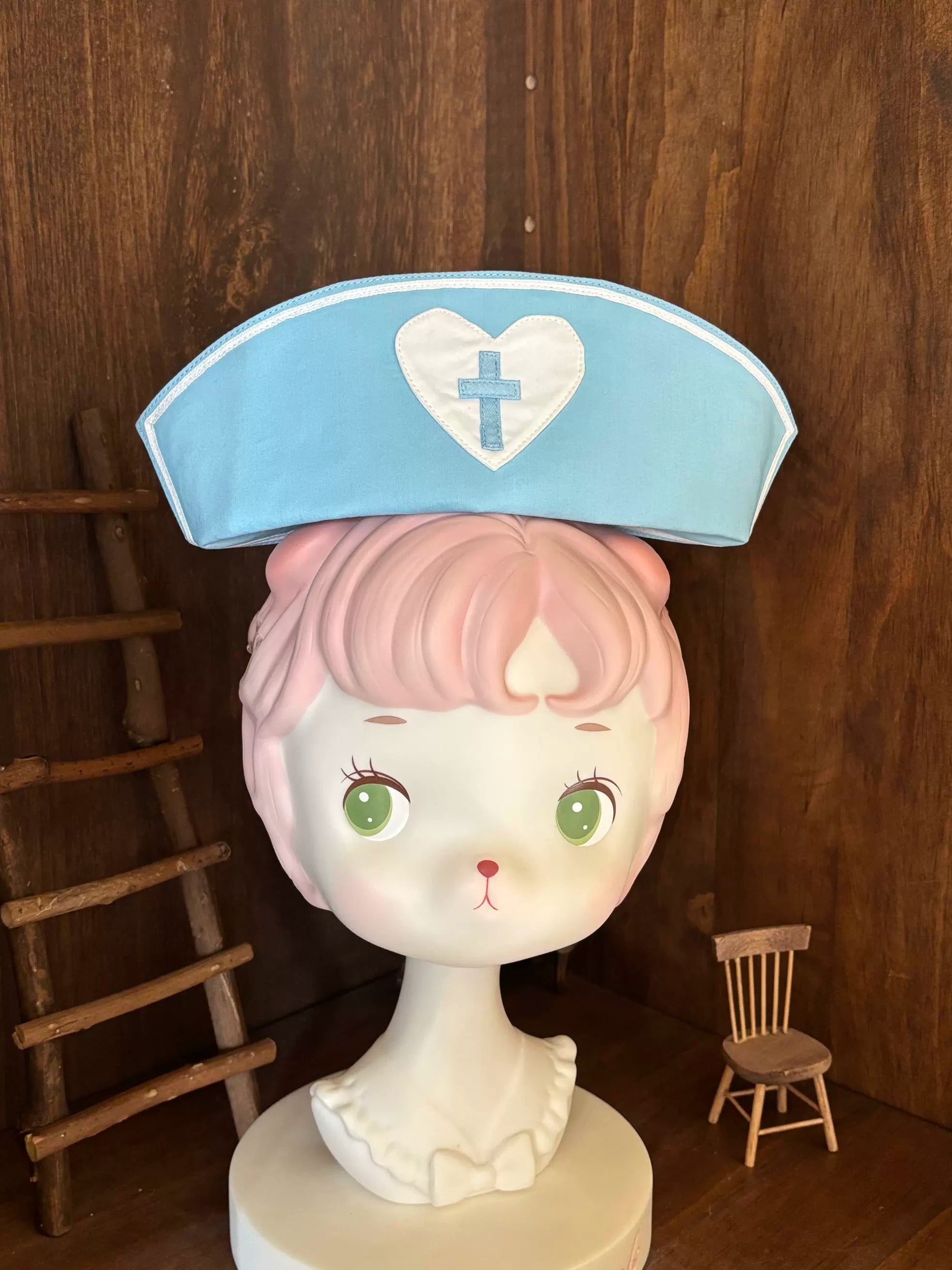 Sweet Heart Hospital - Old School Lolita Stand Collar OP Dress, Heart-cross Patches Blue Hat Only (one size / not sold separately) XS