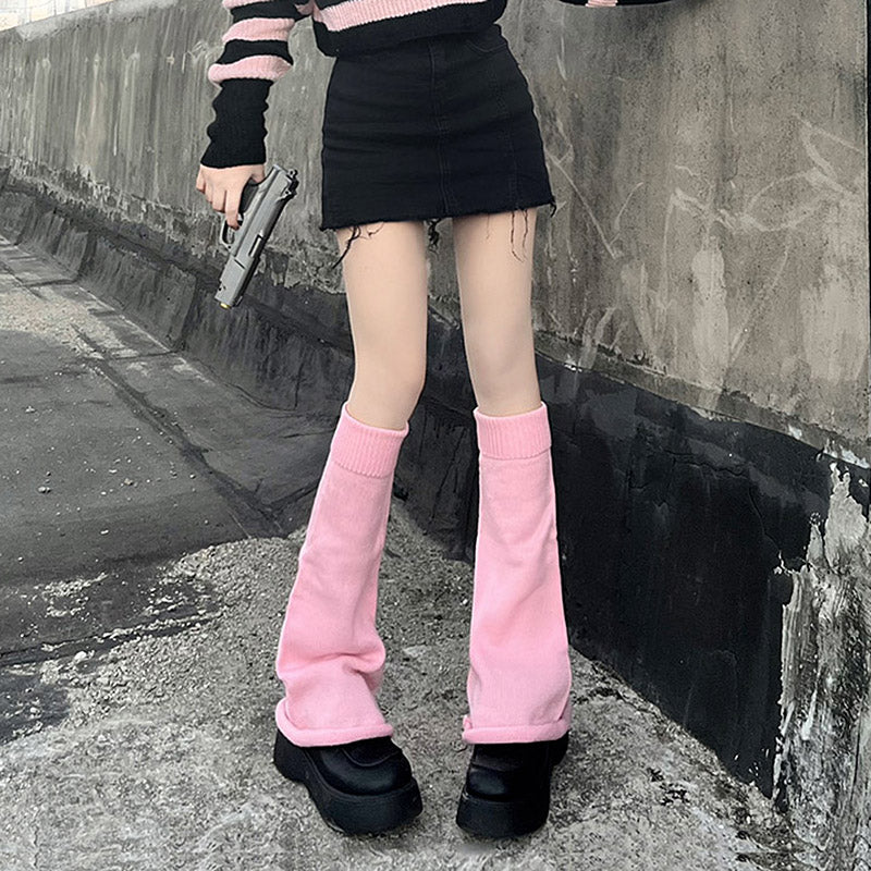 Hua Nai Cat - Winter Lolita Knit Leg Warmer Mid-Calf Socks One Size Pink-50cm roll rim - with free anti-slip transparent band