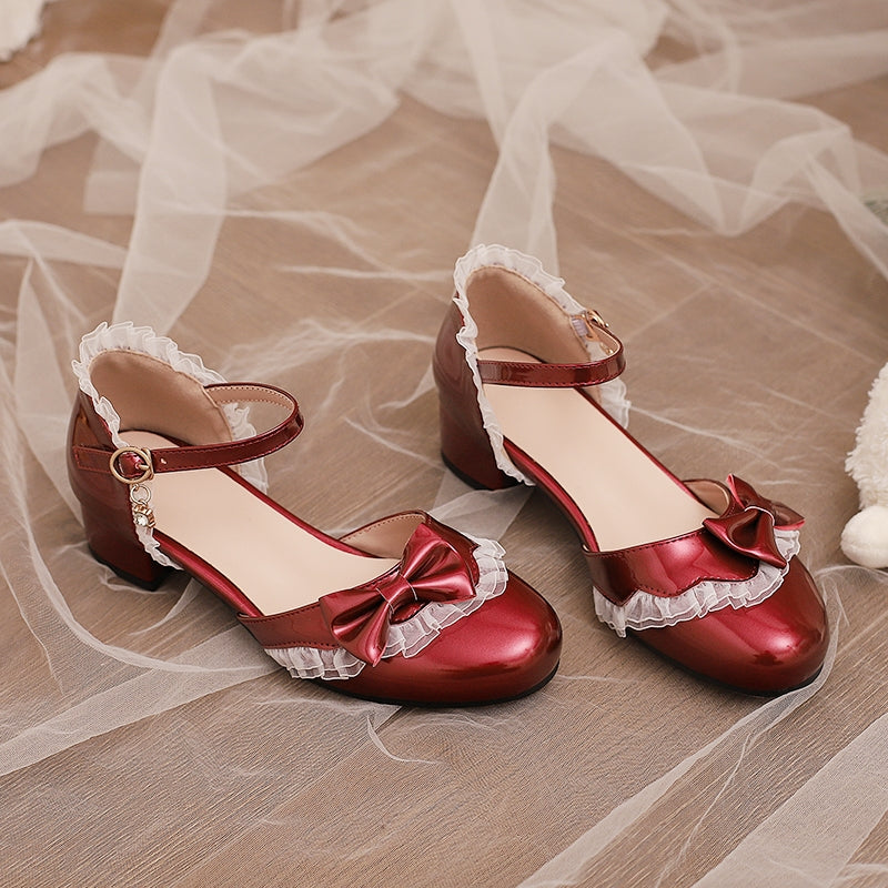 Yana - Sweet Lolita Sandal with Low Chunky Heel and Bow Decoration Red 33