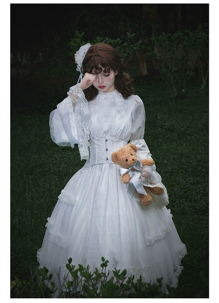 With PUJI~Anhunmeng~Gothic White Lolita OP With Boned Corset Waistband   