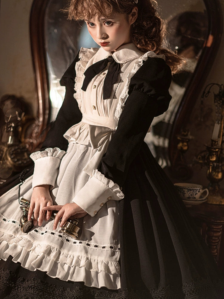 Sweet Date~Halloween Gothic Lolita OP Maid Lolita Dress Elegant Lolita OP S Long-sleeved OP+ hairband+apron 