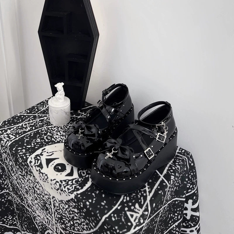 Bondora - Devil Cross - Punk Lolita Shoes Cross High Platforms Shoes 34 black