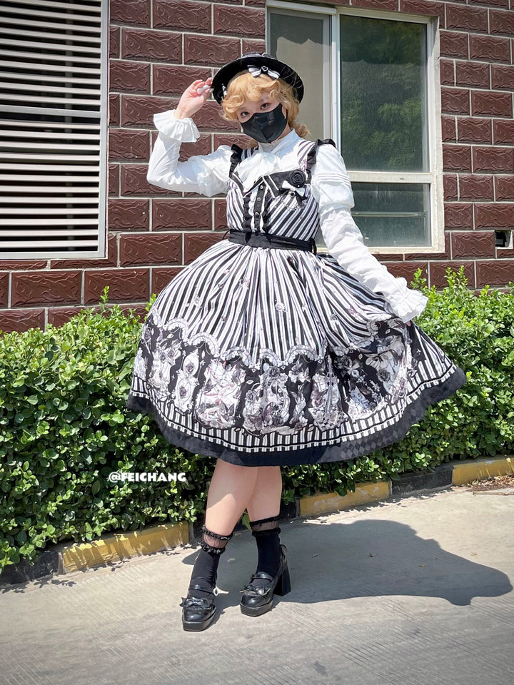 (Buyforme)Little Bear~Gothic Lolita Black and White Striped JSK Set   