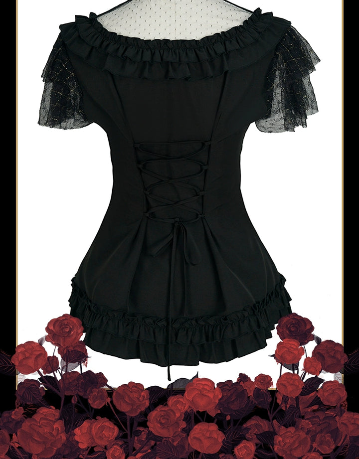 Cat Highness~Gothic Lolita Shirt Black Flounce Hem Short Sleeve Shirt   