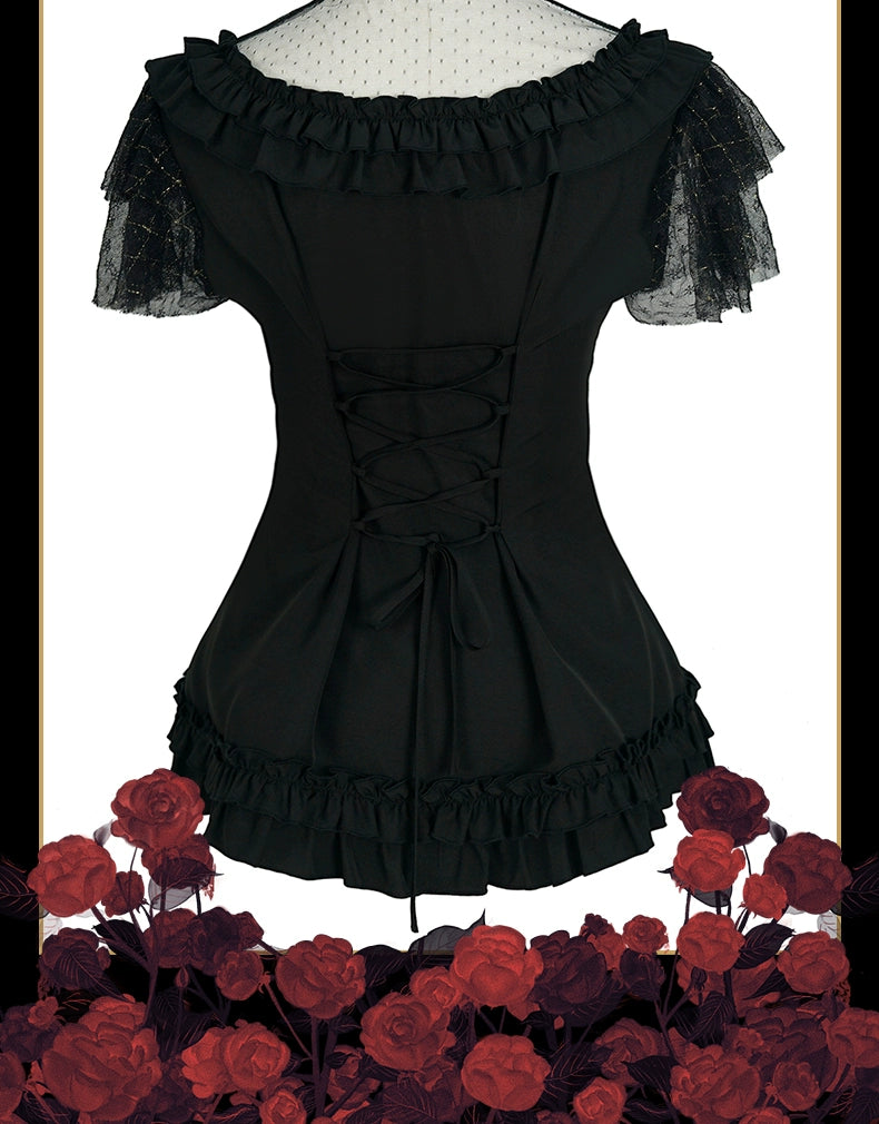 Cat Highness - Gothic Lolita Shirt Black Flounce Hem Short Sleeve Shirt