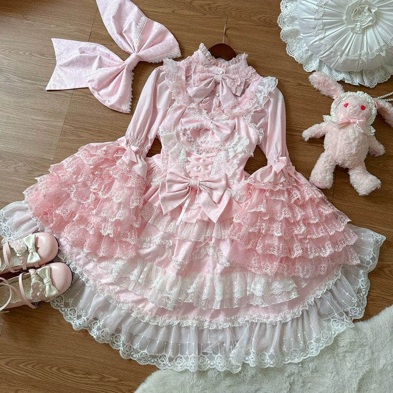 Hanguliang~Love and Heart Palpitations~Wedding Lolita JSK Bridal Lolita Dress S Only pink back bow (1 piece)