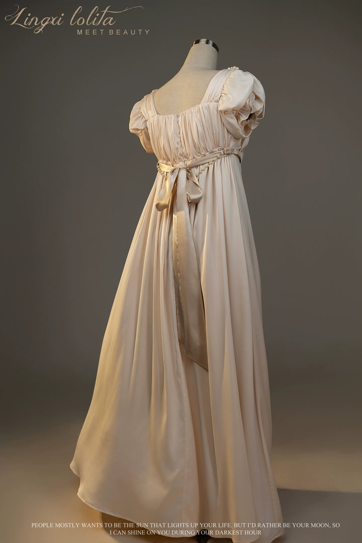 Lingxi Lolita~Ophelia~Vintage Lolita OP Dress Empire Waist Satin Dress One size fits all Apricot white 