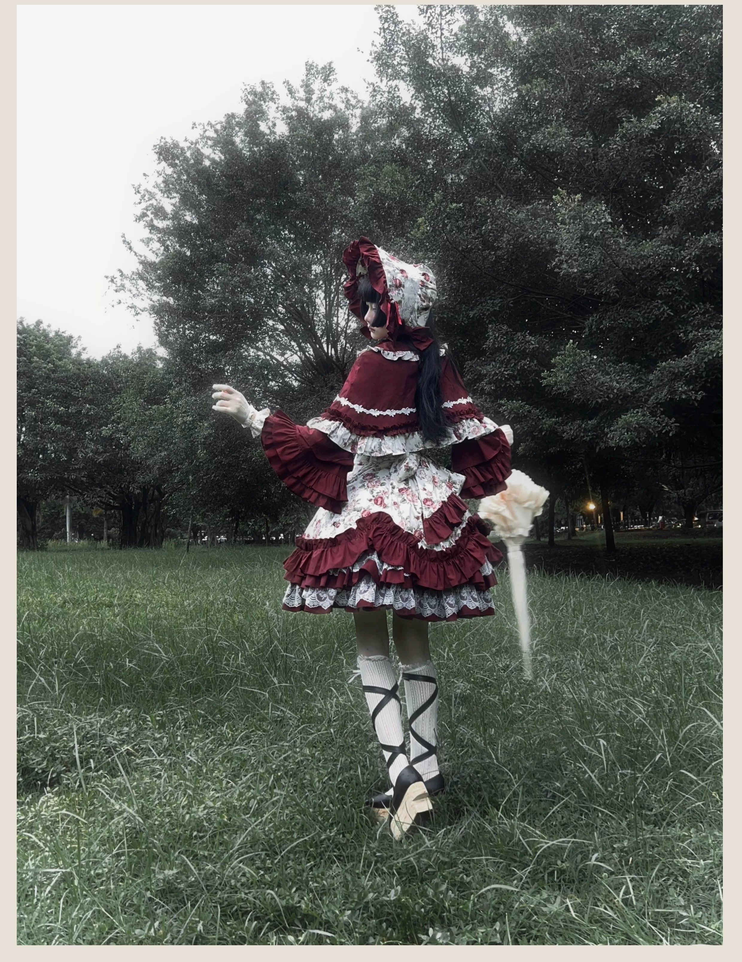 Burgundy Rose - Floral Printed Old School Lolita JSK, Elegant Cape