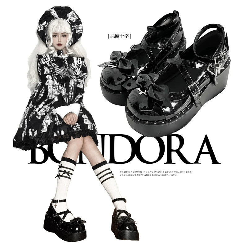 (BFM)Bondora~Devil Cross~Punk Lolita Shoes Cross High Platforms Shoes   