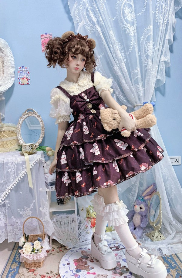 Night Never Sleeps~Bobble Bunny~Kawaii Lolita JSK Tiered Ruffles Dress with Bunny Print