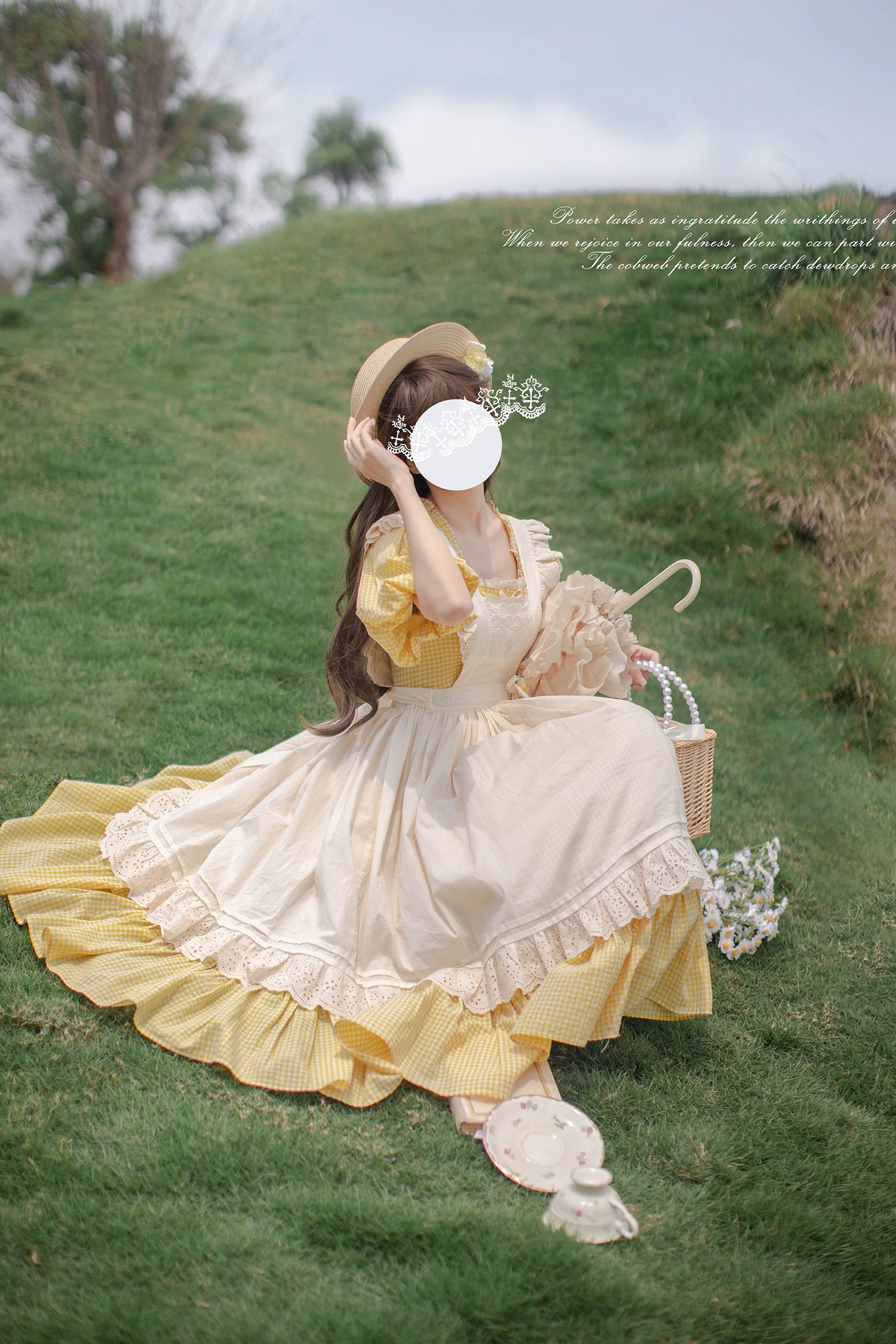 HuTaoMuJK - Belle - Yellow Lolita OP Dress Set Apron Dress Plaid Print