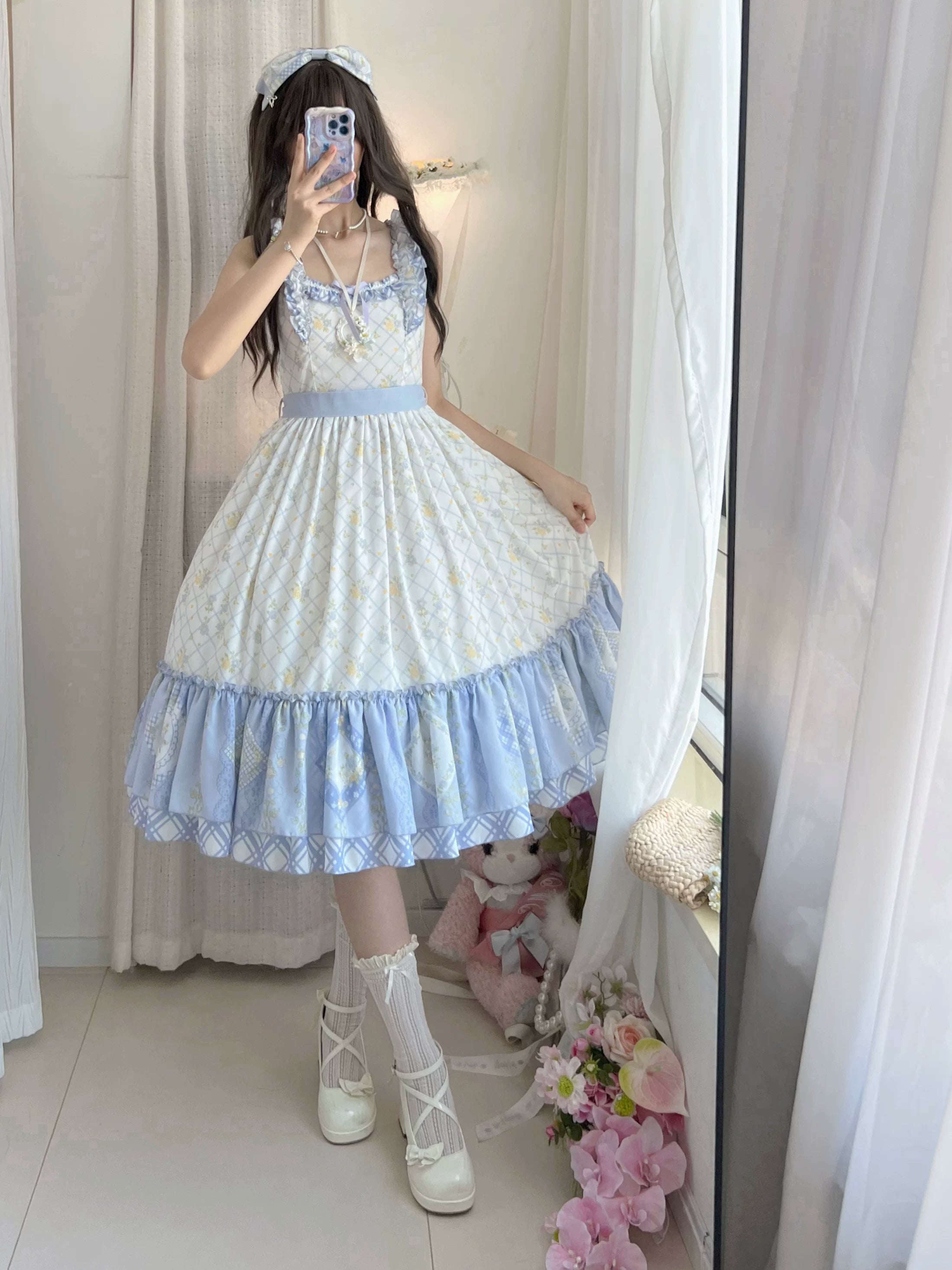 Patchwork Garden 2.0 - Classic Lolita Floral Print JSK Dress, Side Pockets