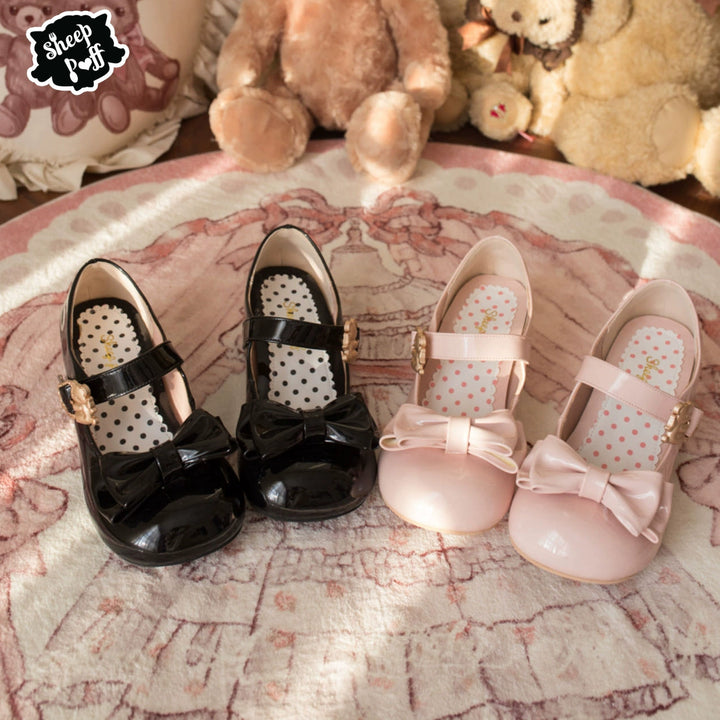 Sheep Puff~Hug Bear~Sweet Lolita Heel Shoes Bear Metal Buckle Bow Shoes   