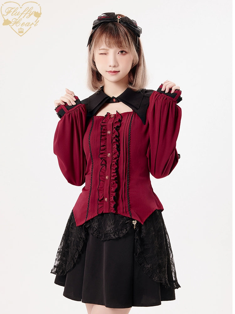 (BFM)Fluffy Heart~Vampire~Jirai Kei Rhinestone Belt Black Lace Double Layers Skirt