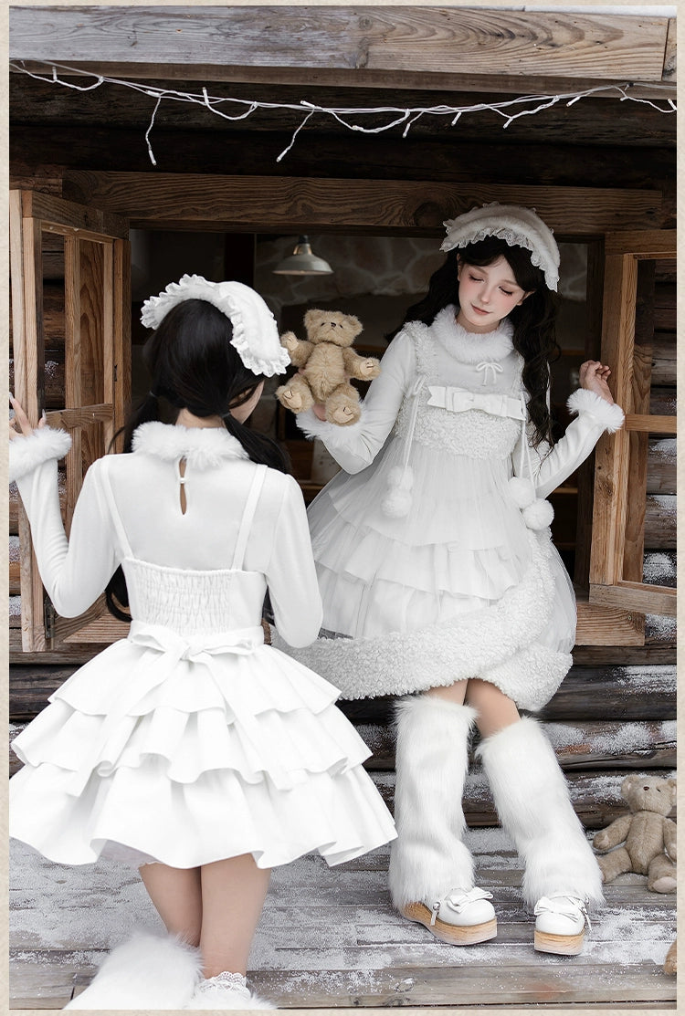 With PUJI - White Choco - Winter Kawaii Lolita JSK Dress Set, Fluffy Accents 44246:801076