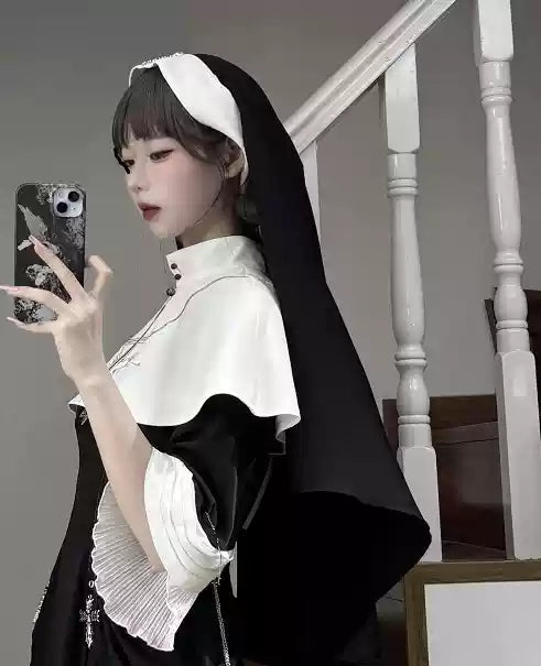 CHUNLV LOLITA - Night Cathedral - Halloween Nun Lolita OP Suit Gothic Dress Set Scarf Only S