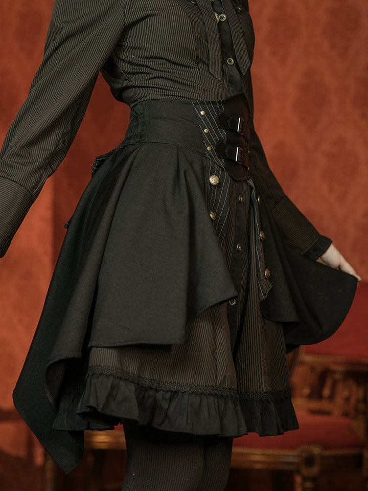 (BFM)Mr. Yi's Steam Continent~Gothic Lolita Skirt Black High-Waisted Leather Waistband Skirt