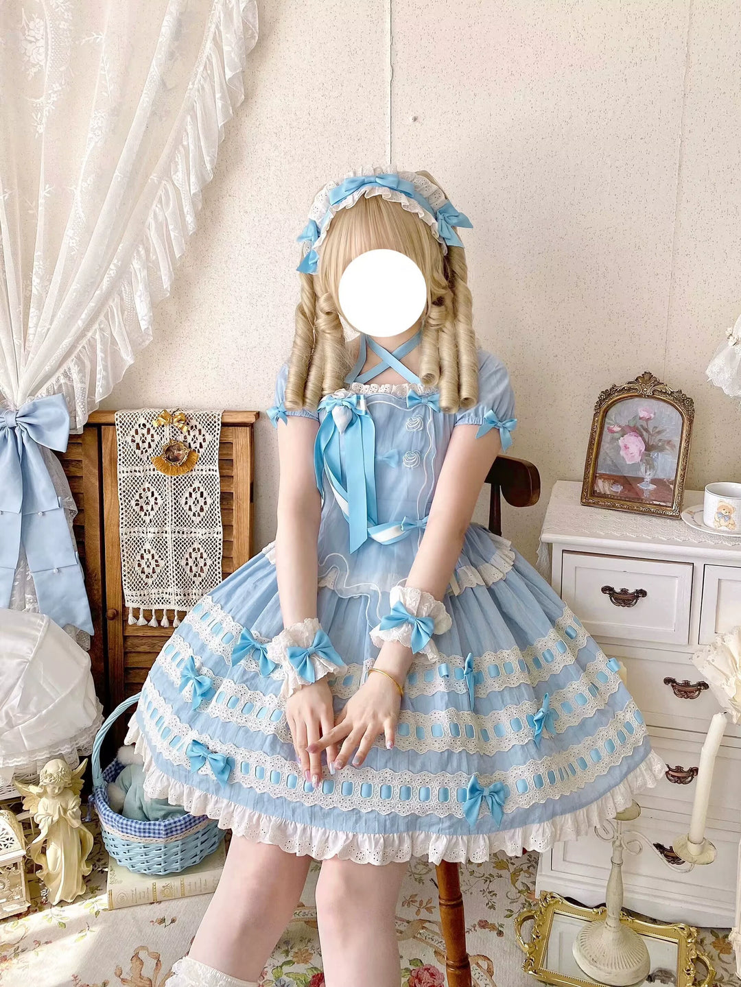Uncle Wall Original~Cream Piping Artist~Cotton Sweet Lolita OP Halter-neck Dress With Accessory