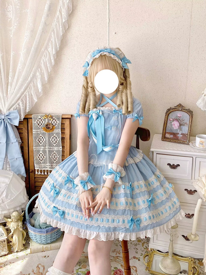 Uncle Wall Original~Cream Piping Artist~Cotton Sweet Lolita OP Halter-neck Dress With Accessory