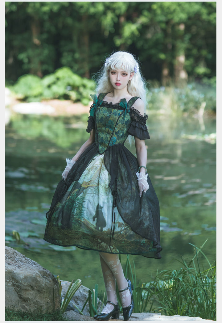 Cyan Lolita~Morning of Pine Forest~Elegant Lolita Bear Print Skirt   