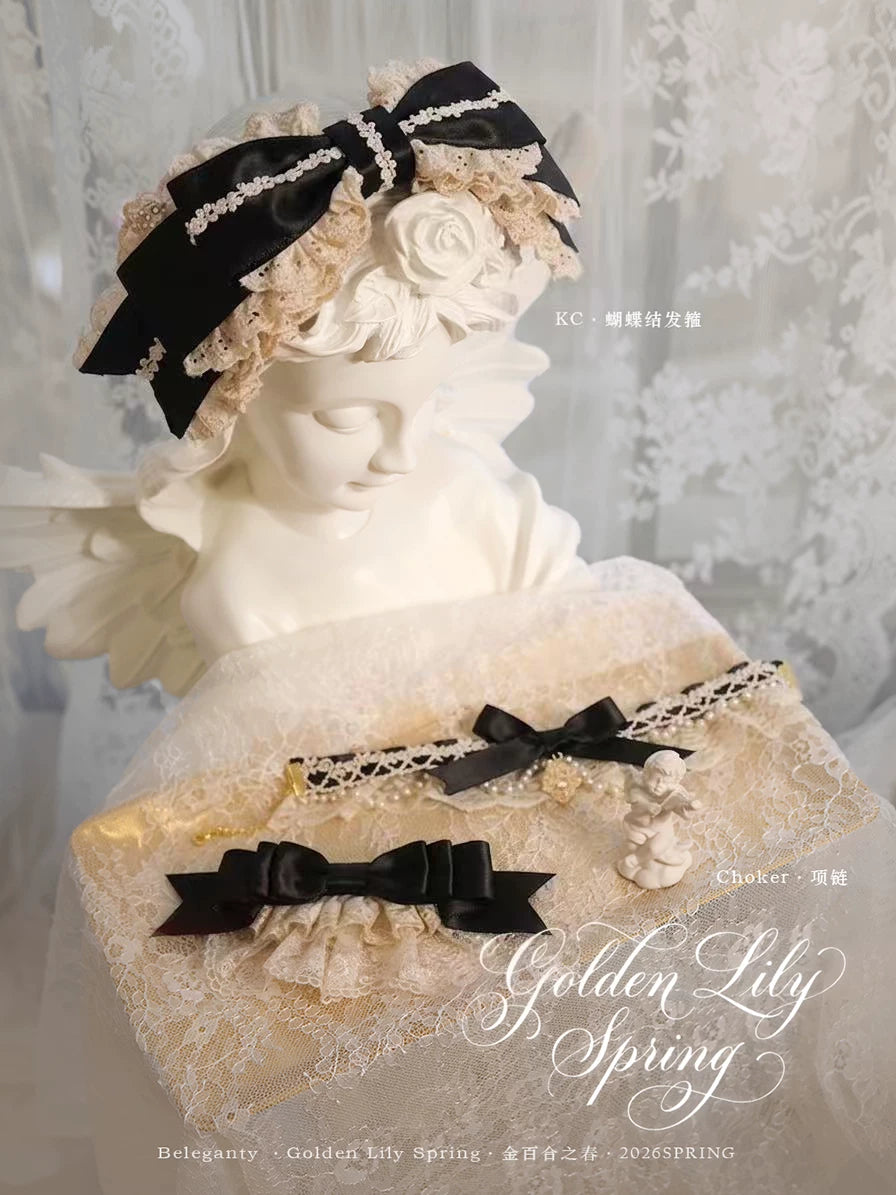 Spring of Golden Lily - Satin Classic Lolita Lily Print Dress, Front Opening 45507:852483