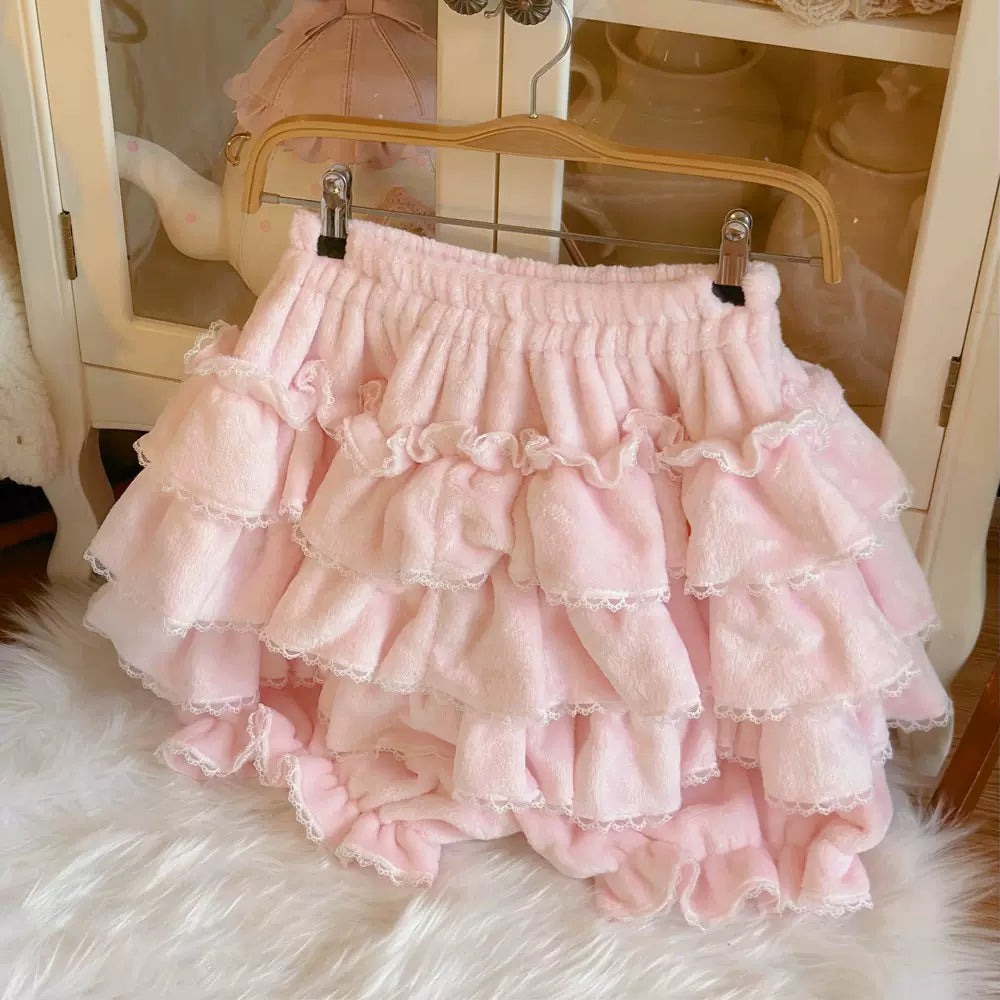 Sugar Girl~Cotton Lolita Bloomer Loose Ruffled Hem Petticoat Multicolors pink(with velvet) free size