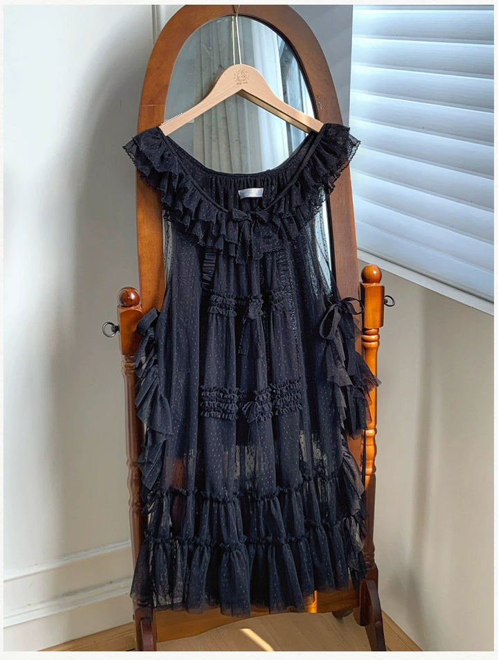 With PUJI~Letters and Poetry~Classic Lolita Tulle Over-Skirt for Summer Black over-skirt only S
