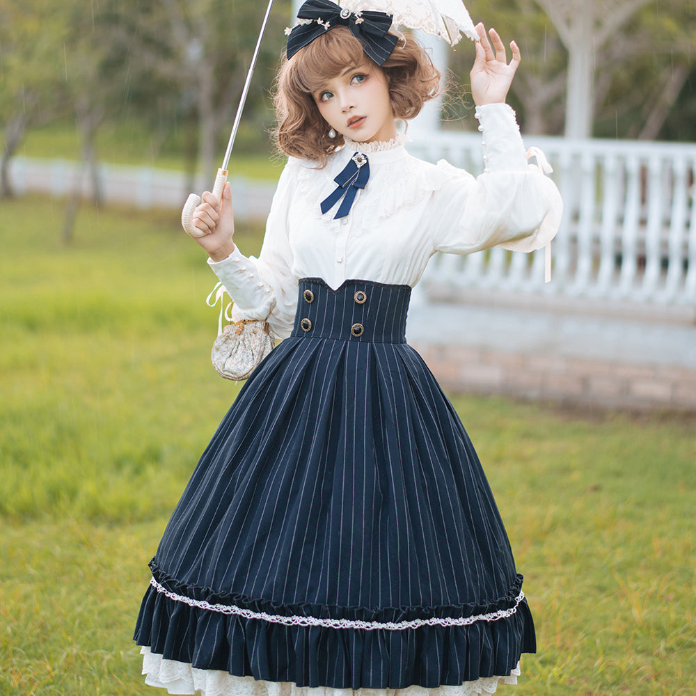 Miss Point~Rose Doll~Elegant Lolita Striped Fishbone Skirt XS dark navy blue 