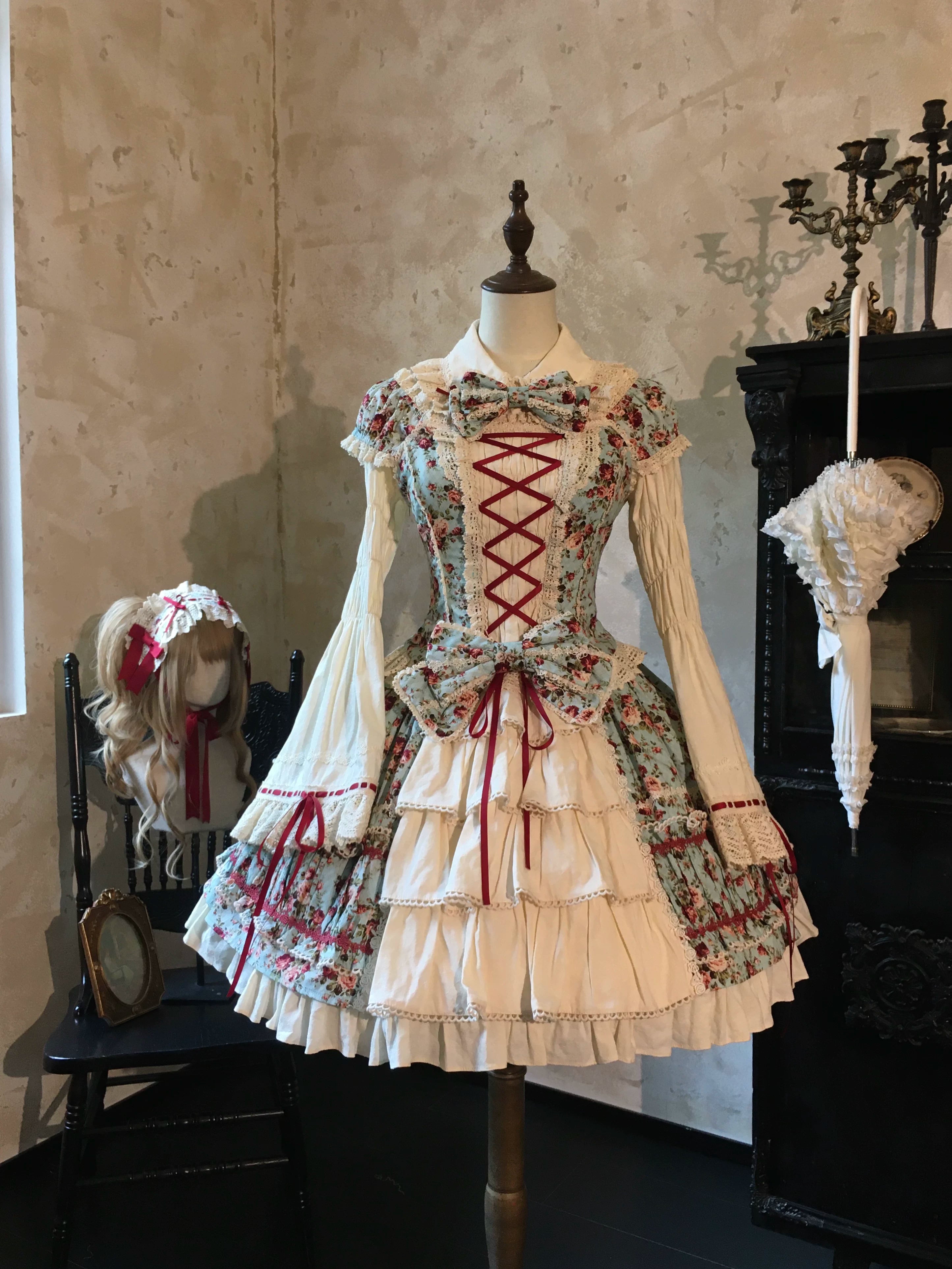 Old Rose Garden - Cotton Old School Lolita Top & Skirt Set, Floral Print (Blue / L M S XL XS) 45886:866527