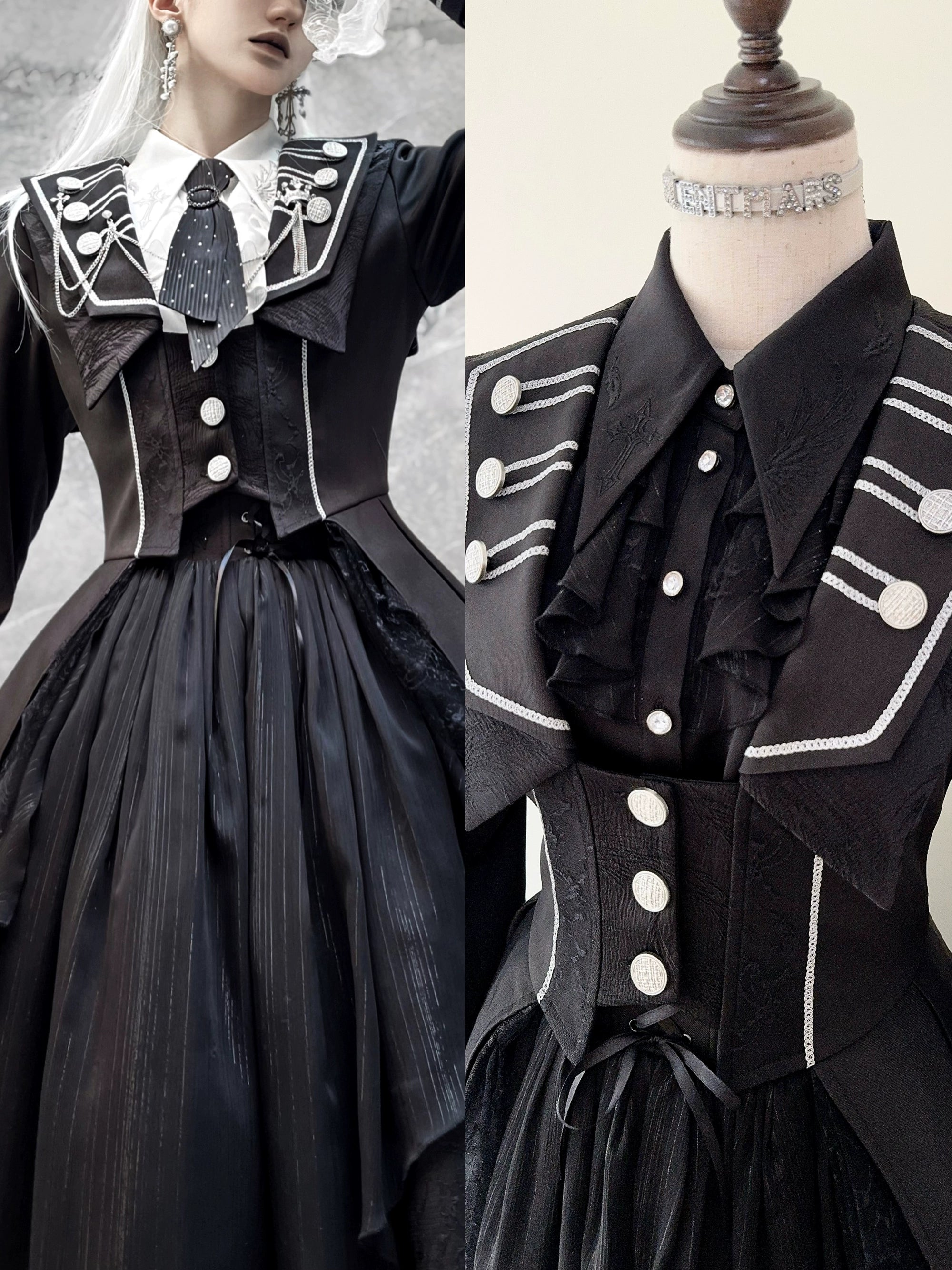 Silent Mars - Raven Crown - Gothic Lolita Suit Shirt Military Coat Skirt and Pants Black Coat Only (with a faux ruby brooch) S