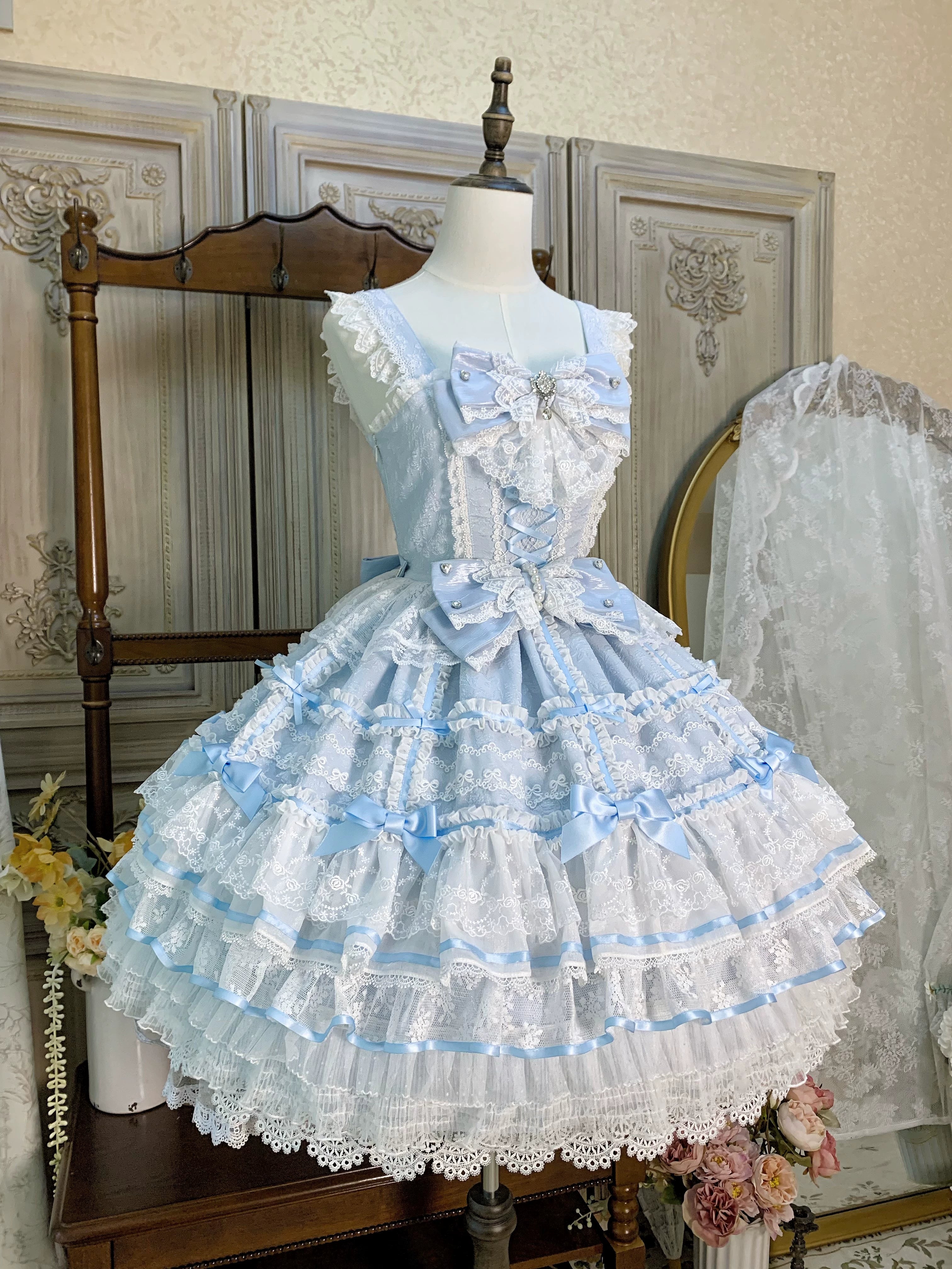 Flower Banquet - Wishing Star - Sweet Wedding Lolita JSK Bridal Lolita Dress (Blue / L M S XL) 41860:716246