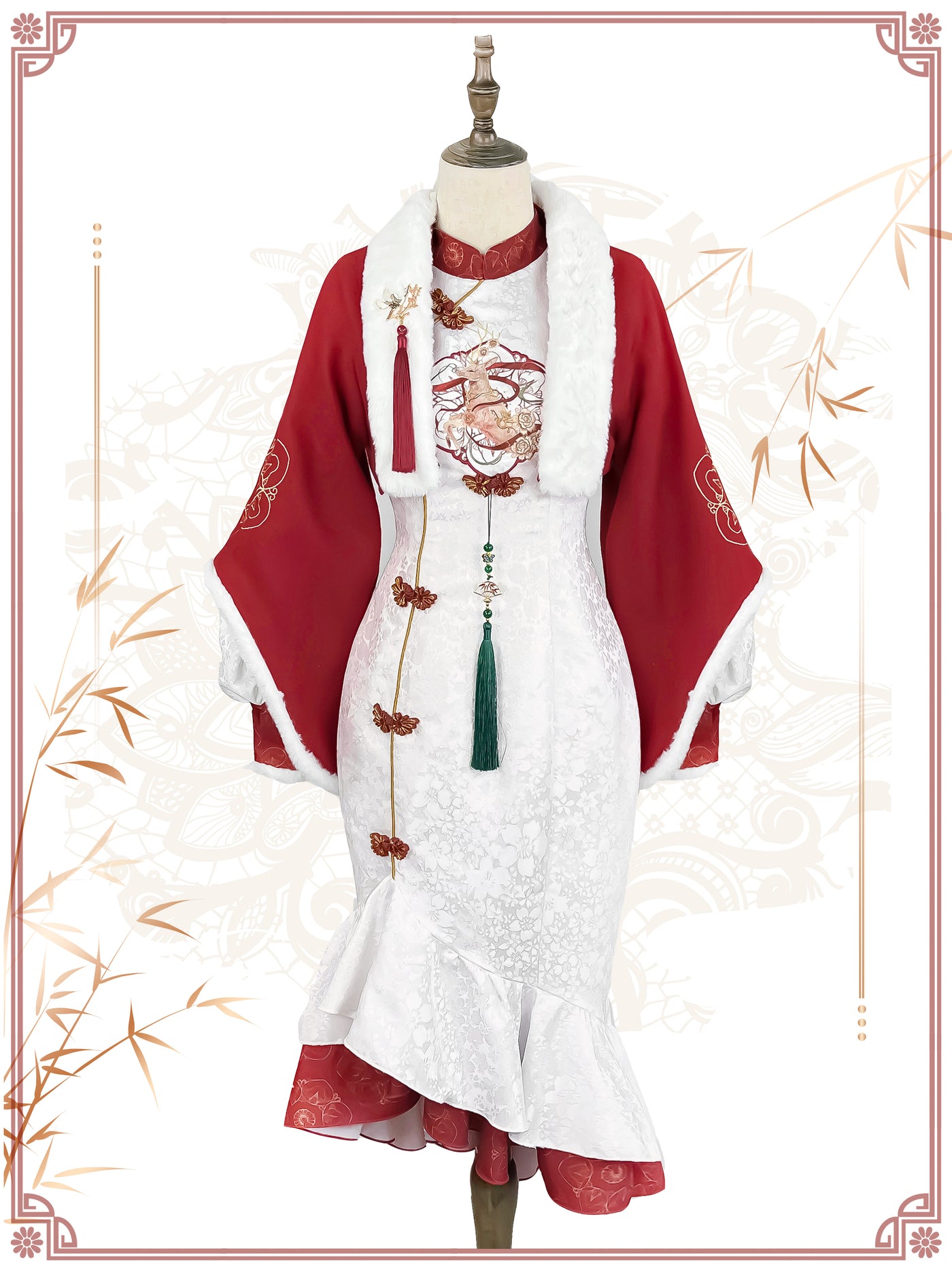 KIYANA~The Joy of Deer Singing~Winter Lolita Cheongsam Fishtail New Year S Full set of white fishtail dress 