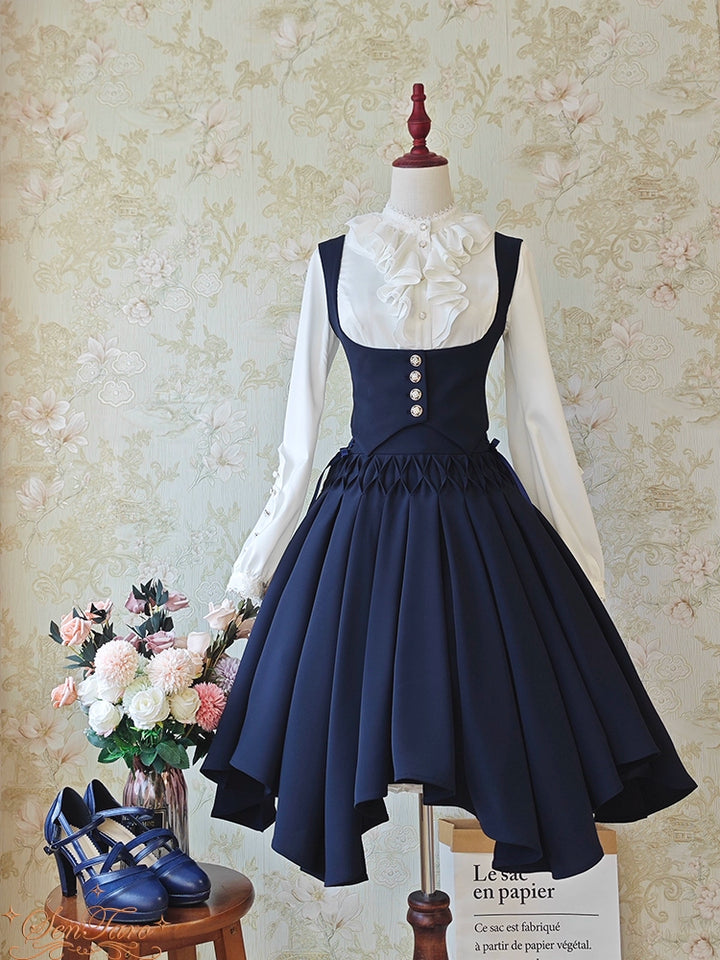 Sentaro~Pleated Irregular Knit Floral Slim Fit Vest and Half Skirt Set Vest S Navy blue