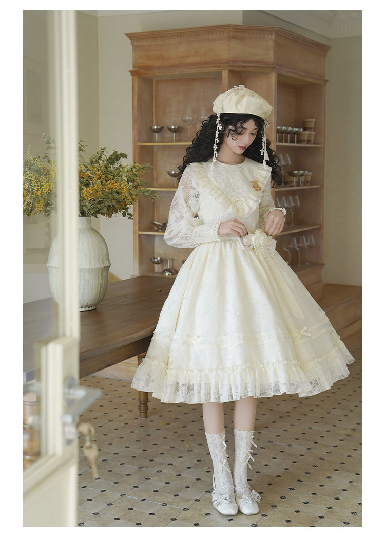 With PUJI~Floral Melody~Ivory Classic Lolita Long Sleeve OP Dress with Layered Bolero