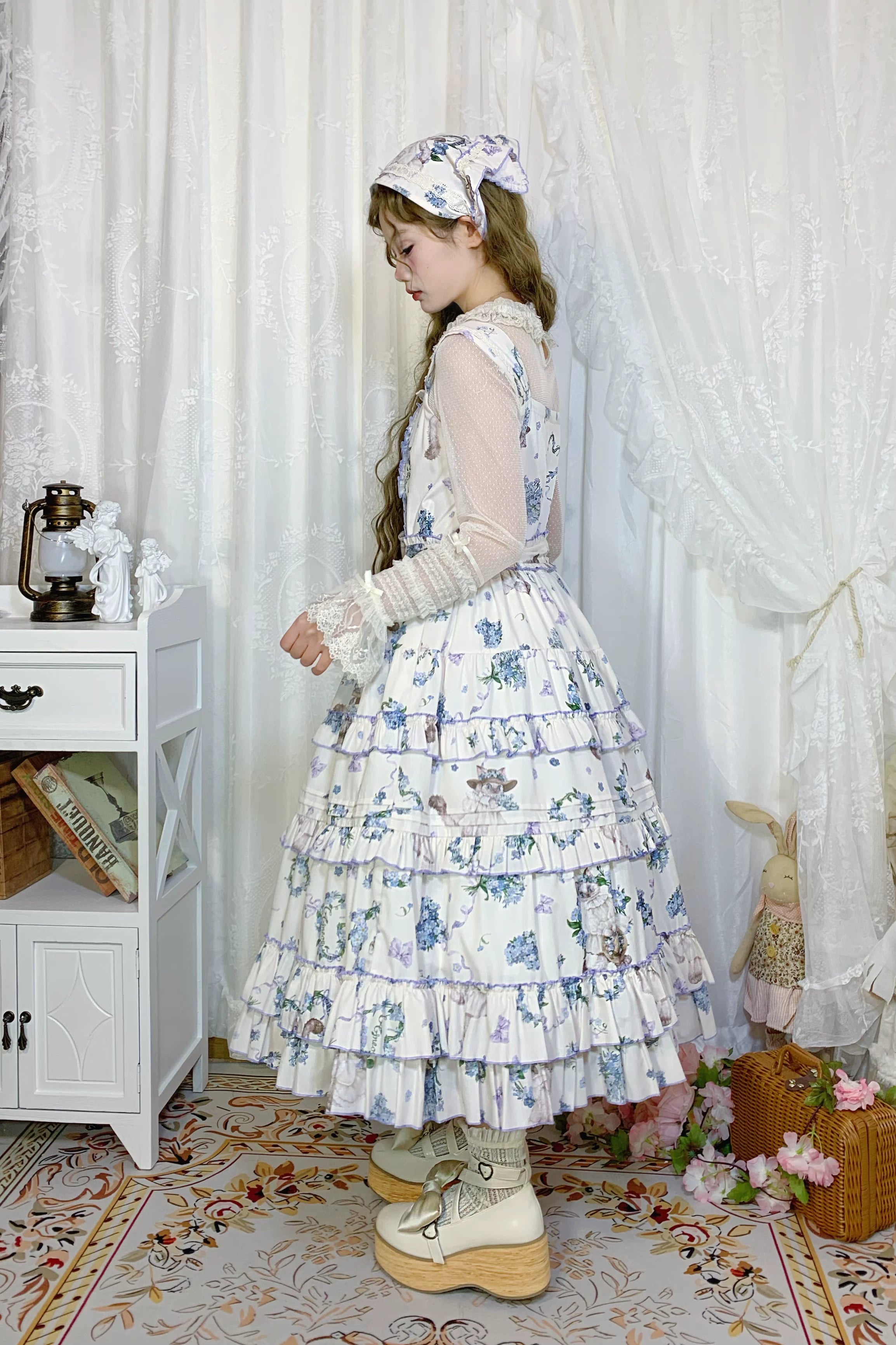Meow Wreath - Classic Lolita Button Closure JSK Dress, Cat and Wreath Print