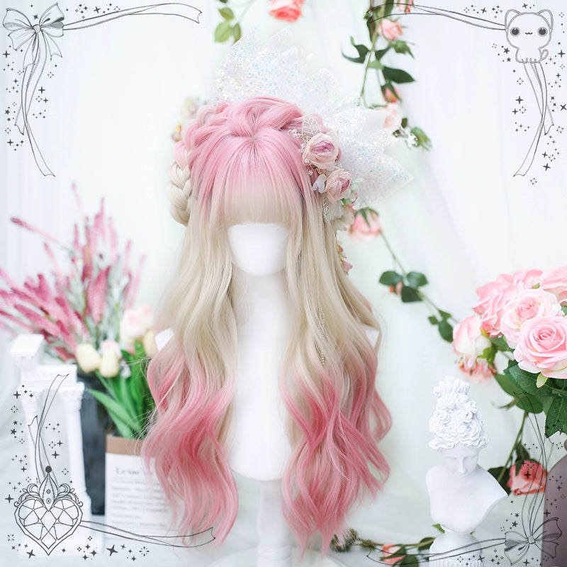 Dalao Home~Spring Peach~Natural Lolita Long Curly Wig peach pink dyeing wig with a hair net  
