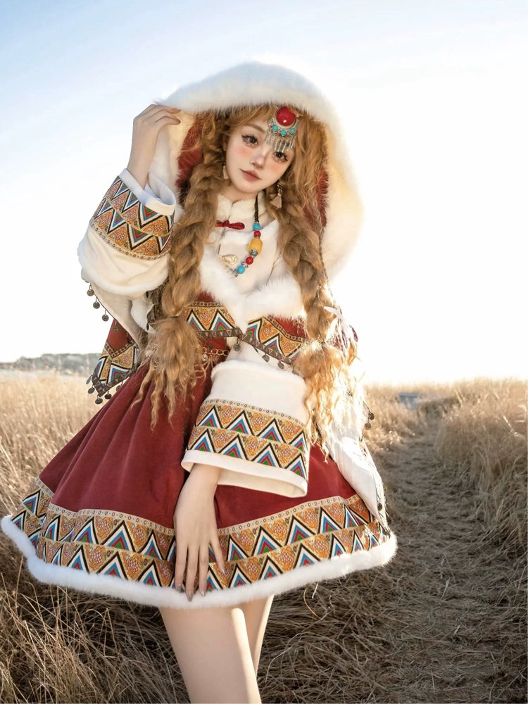 Sakurahime~Wish with God~Winter Lolita JSK Dress Three-piece Set Tibetan Style S Coat 