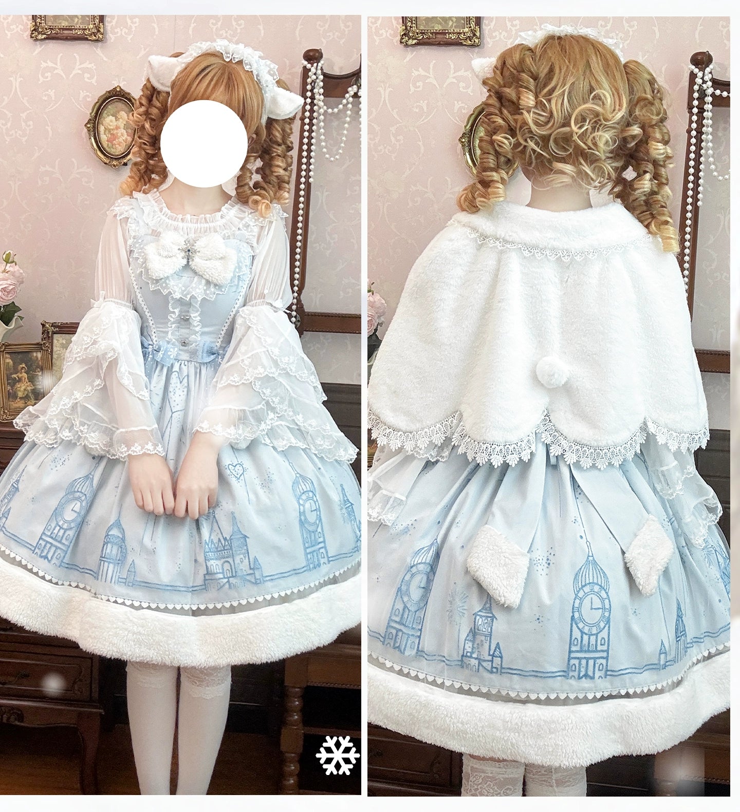 ZhiJinYuan - Snow Castle - Winter Sweet Lolita JSK Cape Dress, Blue Castle Print 44107:796469