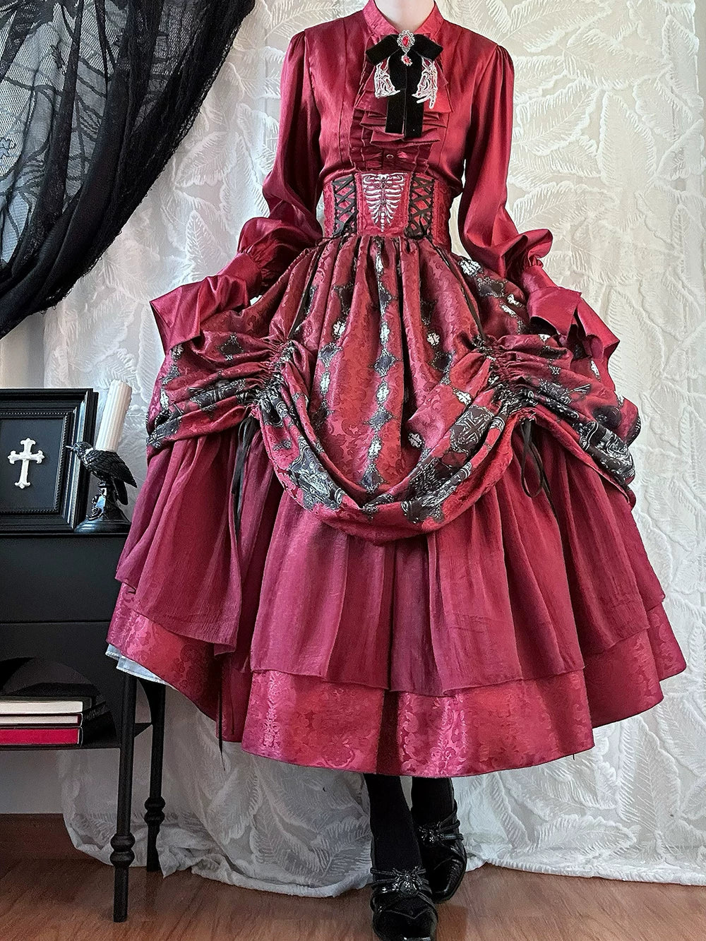 Moonnight Return - Fishbone Gothic Lolita SK Dress, Drawstring lift-up Hem