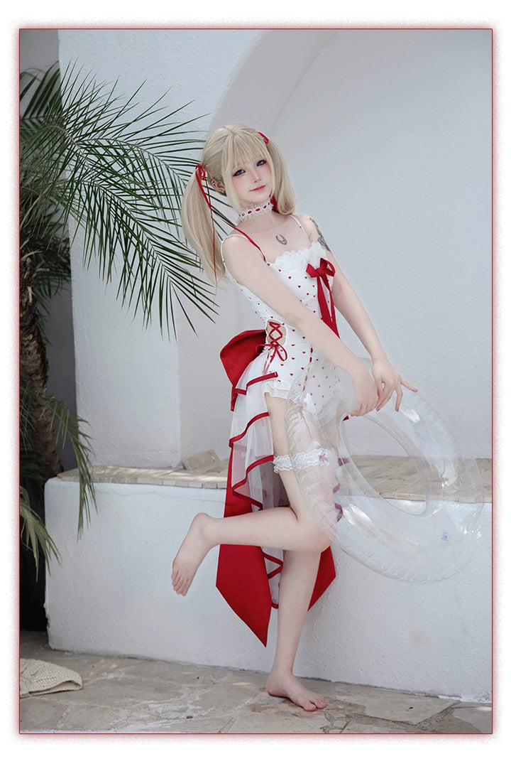 Tan Tuan~Heartbeat Melody~Red & White Lolita-Inspired Swimsuit Set 42997:761405