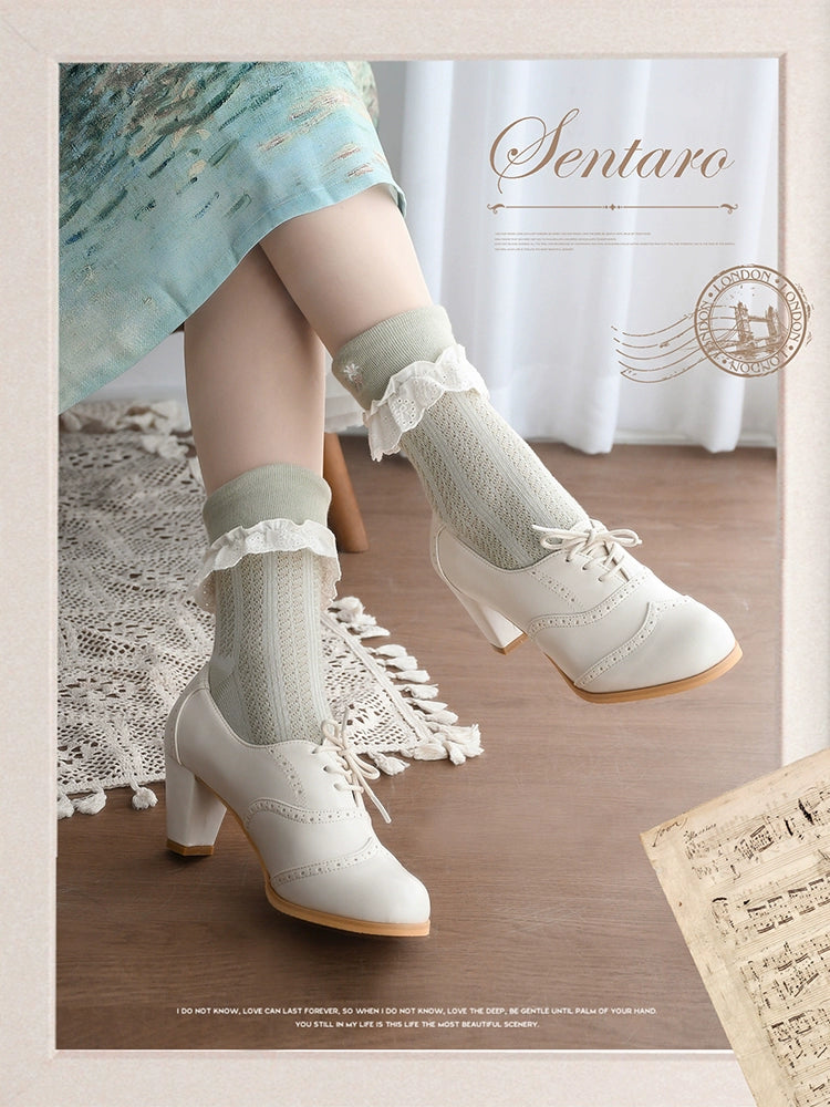 Sentaro~Retro Lolita Heel Shoes Handmade Perforated Strap Leather Shoes 35 off-white mid heel 