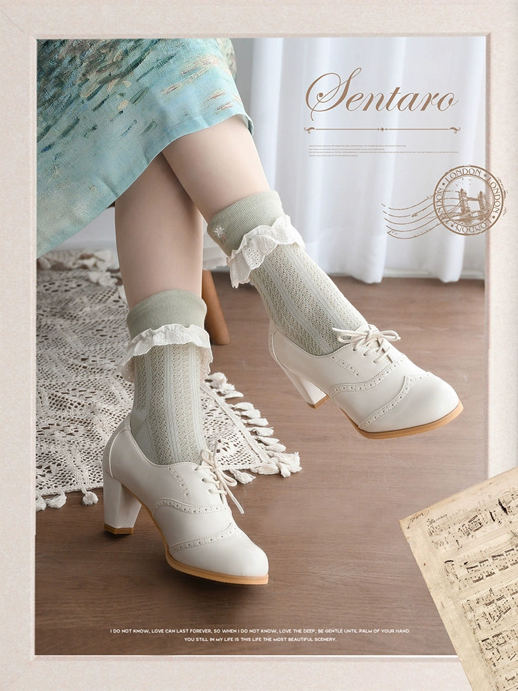 Sentaro - Retro Lolita Heel Shoes Handmade Perforated Strap Leather Shoes 35 off-white mid heel