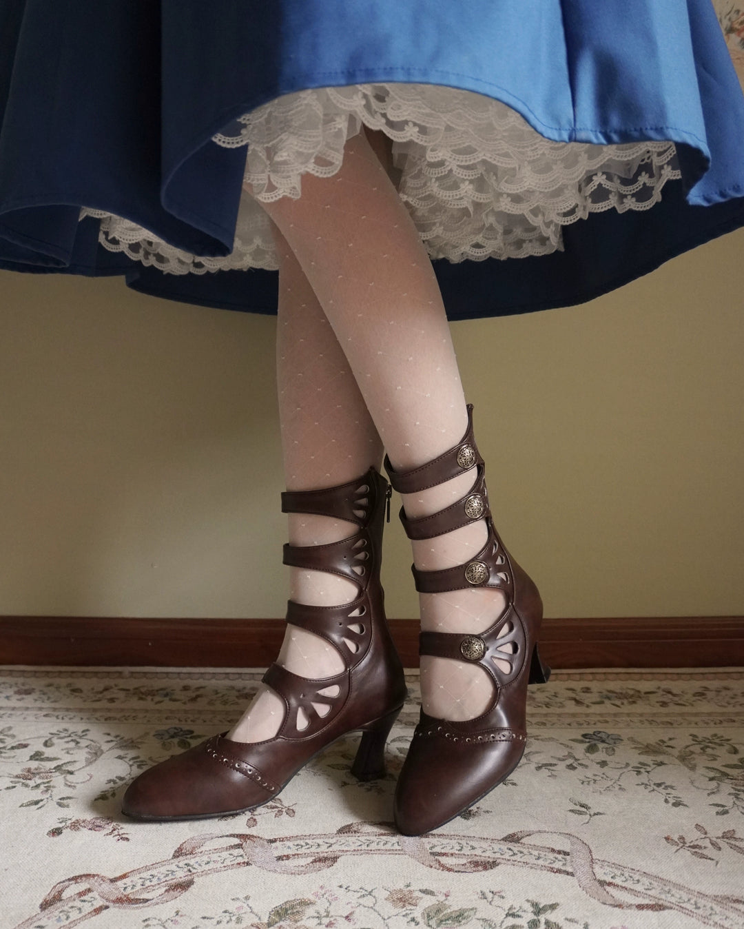 Sentaro~Floral Carved~Vintage Lolita Shoes Mary Jane Hollow-out Ankle Boots 41822:714924