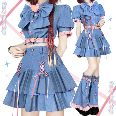 (Buyforme)Bubble Trap~Y2K Denim Sweetheart Skirt Set S light blue (pink belt) 