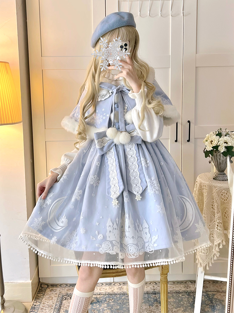 To Alice~Snow Moon Castle~Sweet Lolita Jumper Dress Set Christmas Plush Cape